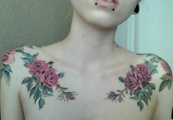 Pink Rose Flowers Clavicle Tattoo For Girls