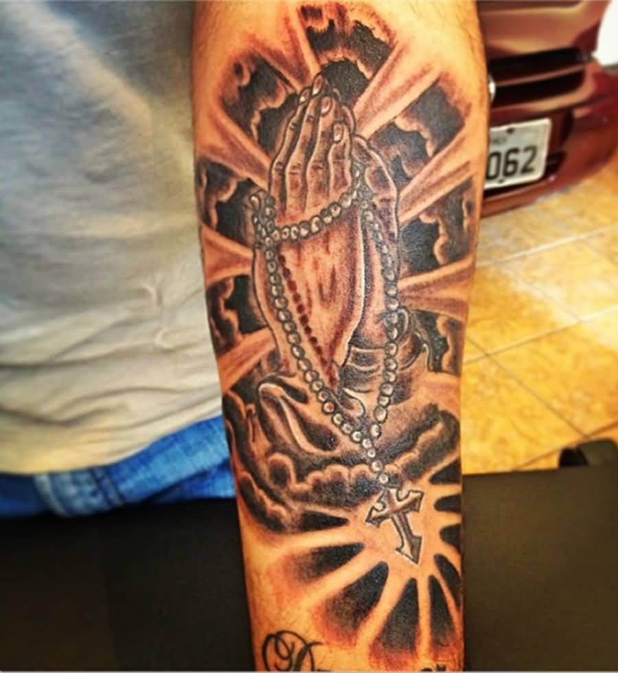 Praying Hands And Rosary Catholic Tattoo On Left Arm