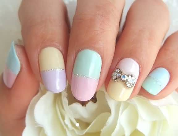 Prom Pastel Nail Art With Metallic 3d Bow Design