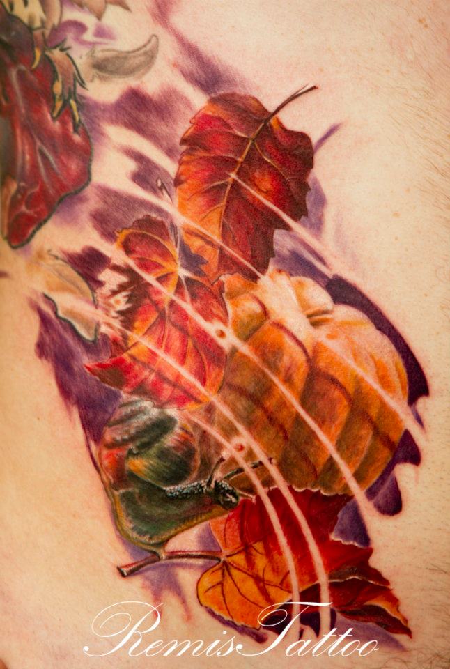 Pumpkin And Fall Leaves Tattoos by Remis Tattoo