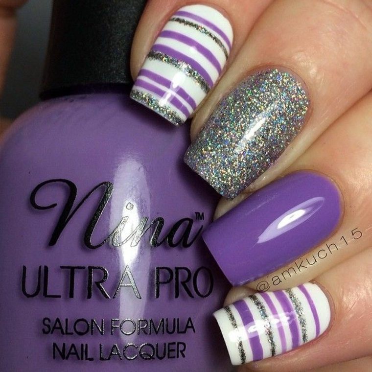 Purple And Silver Glitter Stripes Nail Art