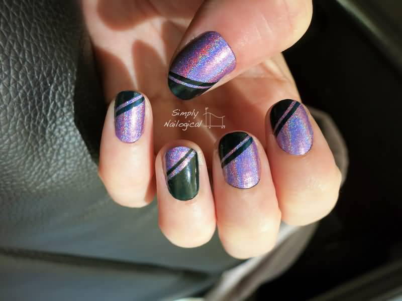 Purple Glitter Nails With Black Diagonal Stripes Design Nail Art