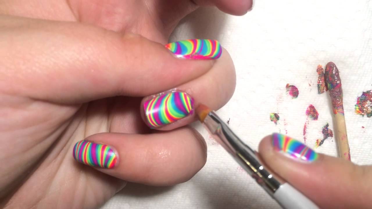 Rainbow Stripes And Water Marble Stripes Nail Art