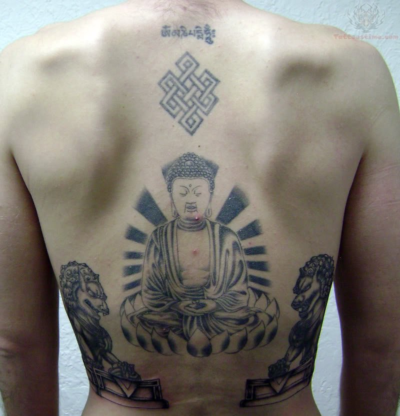Realistic Buddha And Foo Dogs Tattoo On Lower Back