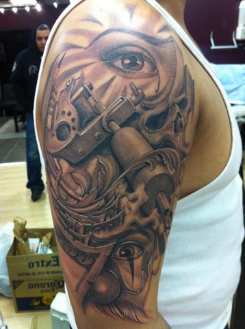 Realistic Chicano Tattoo On Man Right Half Sleeve