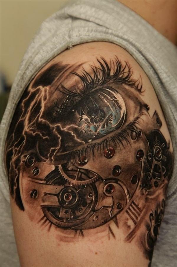 Realistic Eye Steampunk Tattoo On Right Shoulder