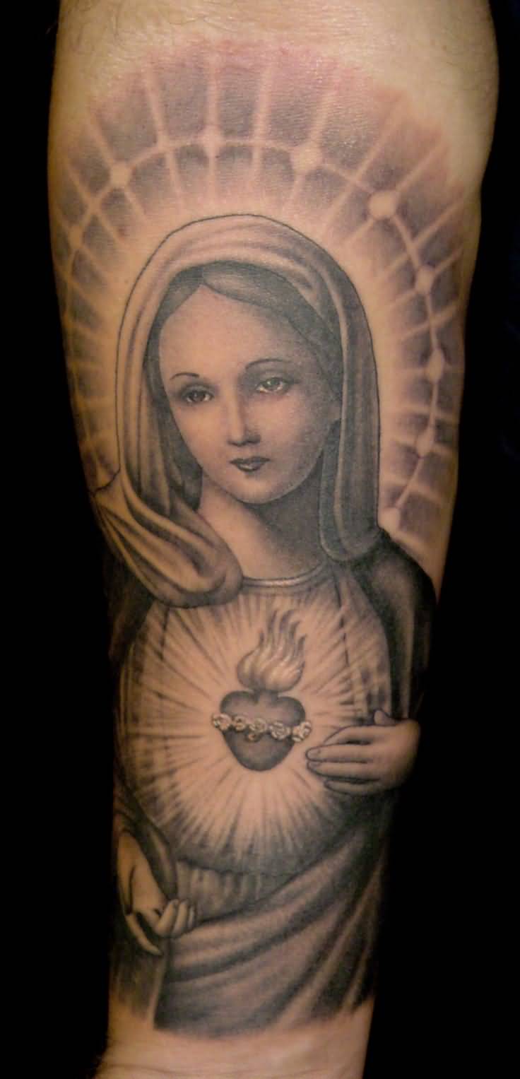 Realistic Grey Virgin Mary Catholic Tattoo On Full Sleeve