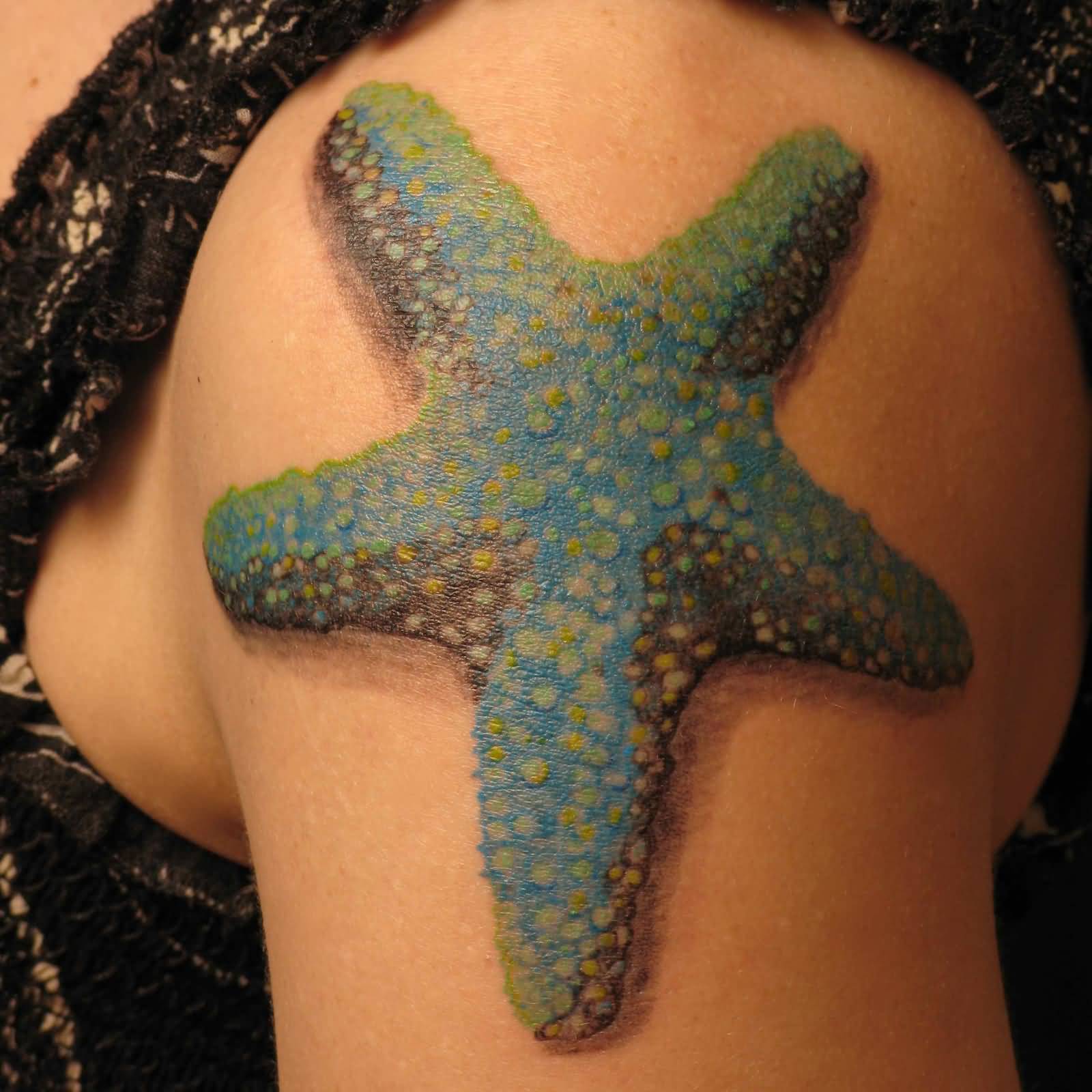 Realistic Large Starfish Tattoo On Left Shoulder