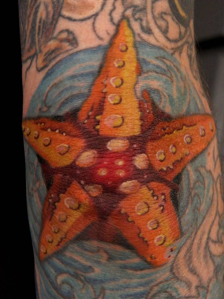 Realistic Starfish And Water Tattoo