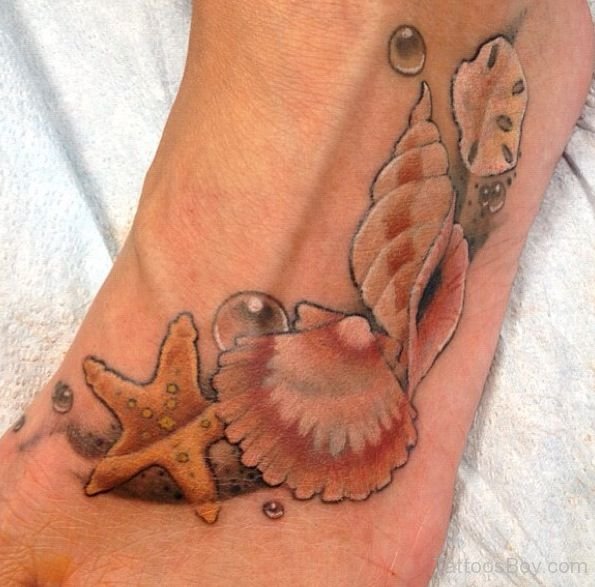 Realistic Starfish With Sea Shell And Conch Tattoo