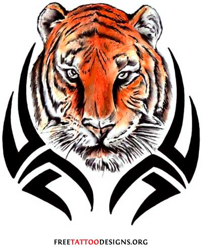 Realistic Tiger Head With Tribal Design Tattoo Stencil
