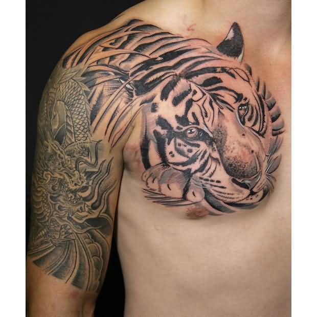 Realistic Tribal Tiger Tattoo On Right Shoulder