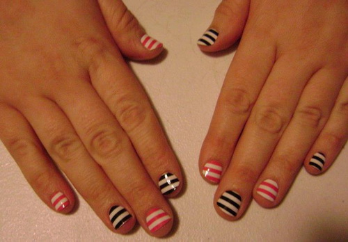 Red And Black Stripes Nail Art For Short Nails