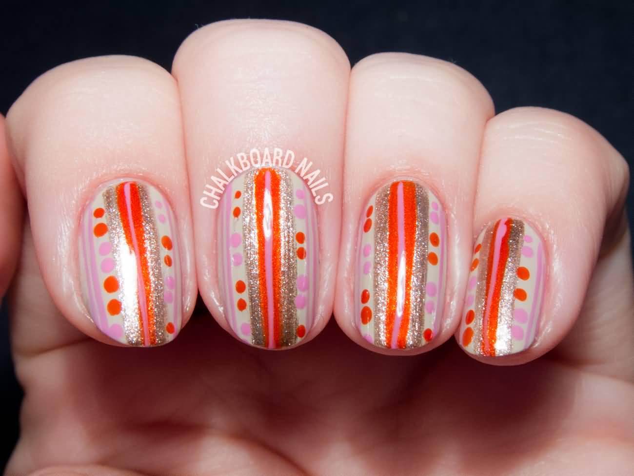 Red And Gold Glitter Stripes And Polka Dots Nail Art Design