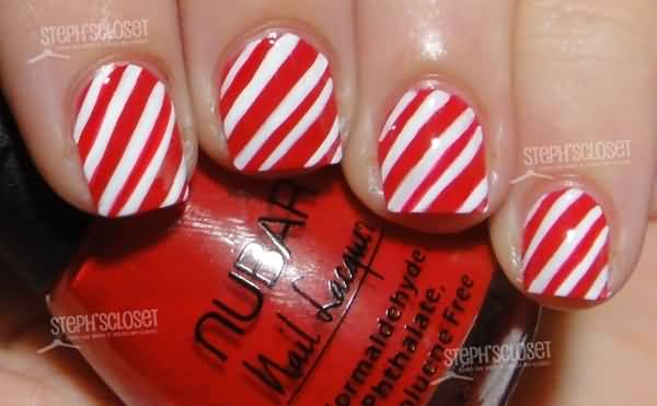 Red And White Stripes Nail Art