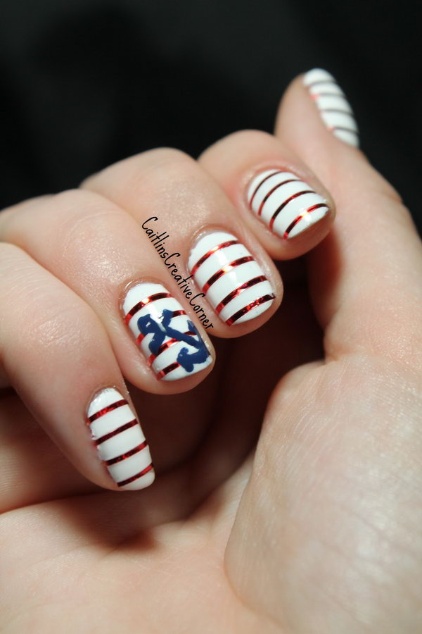 Red Metallic Stripes Nail Art With Anchor Sign