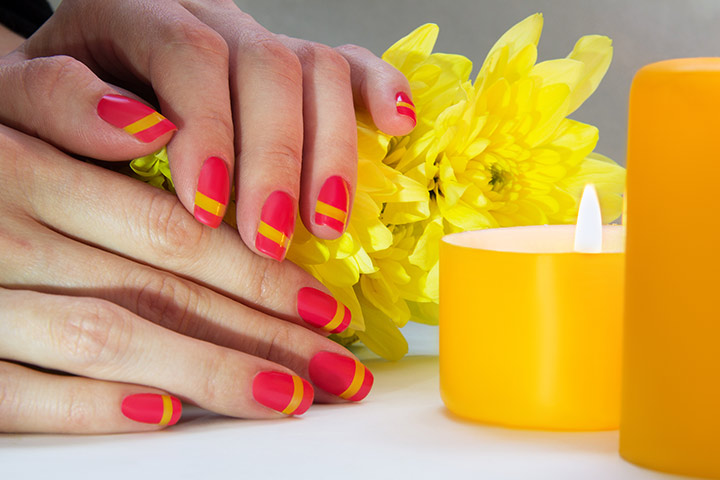 Red Nails With Yellow Stripes Simple Nail Art