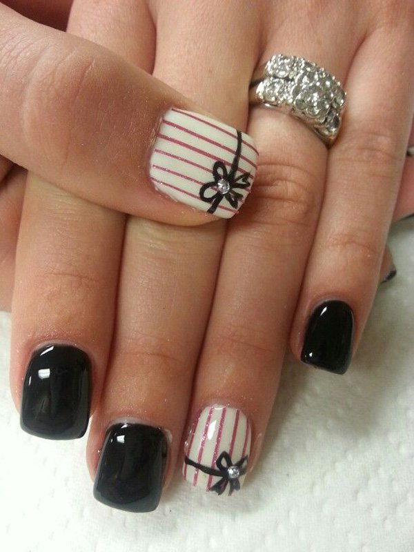 Red Stripes On White Nails With Bow Design Idea