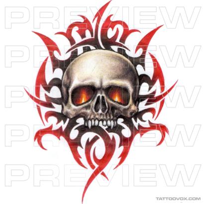 Red Tribal Design With Skull Having Fire In Eyes Tattoo Sample