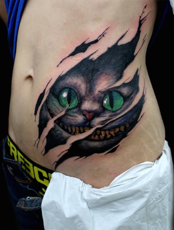 Ripped Skin Cheshire Cat Alice in Wonderland Tattoo On Side Rib