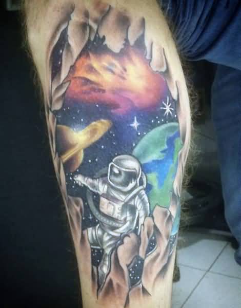 Ripped Skin Universe Astronaut Tattoo On Leg