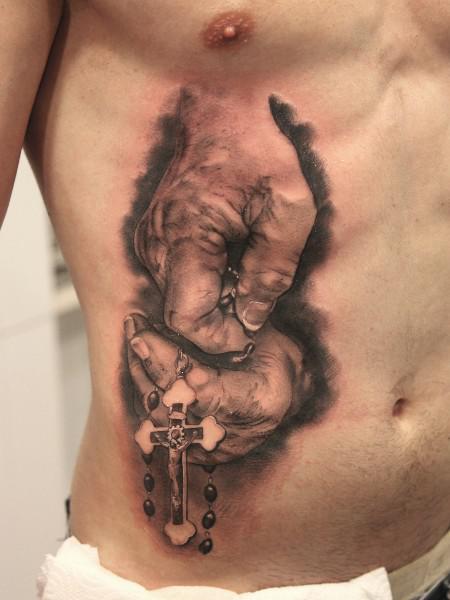 Rosary Cross In Hands Catholic Tattoo On Man Side Rib