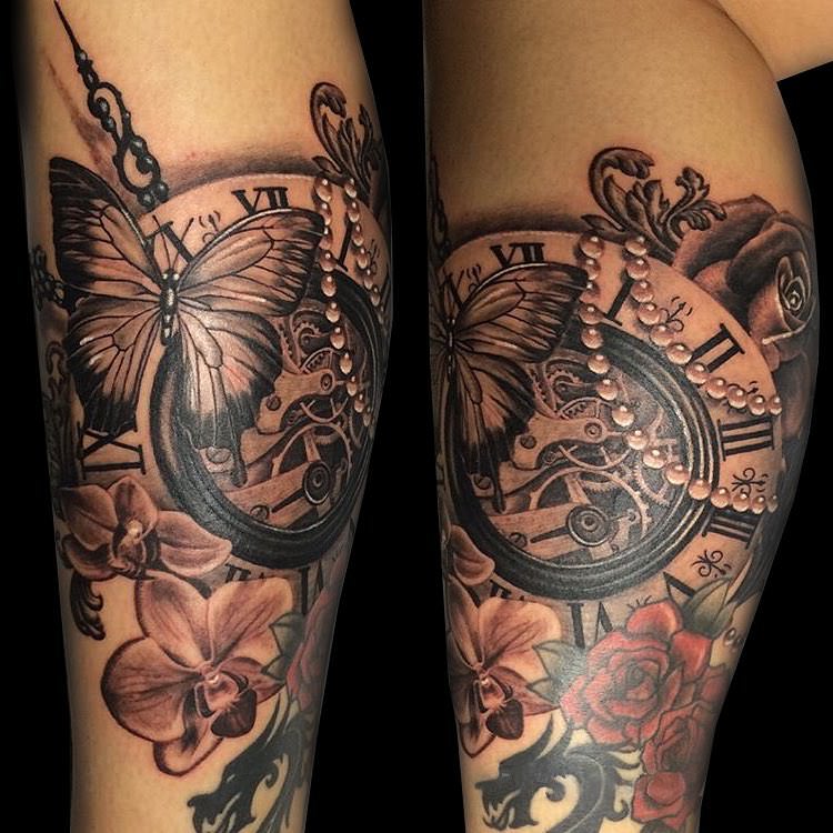 Roses Butterfly And Steampunk Tattoo On Leg