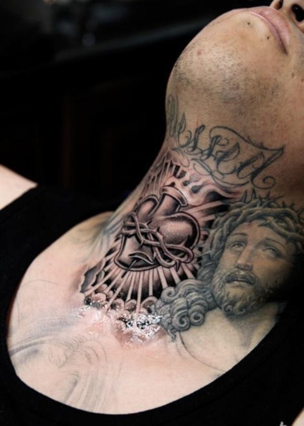 Sacred Heart And Jesus Head Catholic Tattoo On Neck