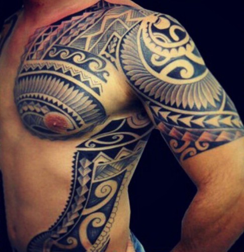 Samoan Tattoo On Chest And Full Sleeve