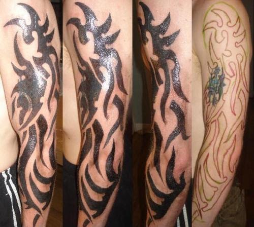 Shining Black Ink Tribal Design Tattoo On Full Sleeve