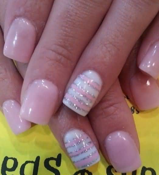 Silver Glitter And Pink Stripes Nail Art Design