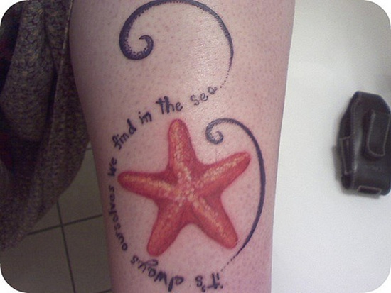 Simple Orange Color Starfish With Lettering Tattoo On Leg