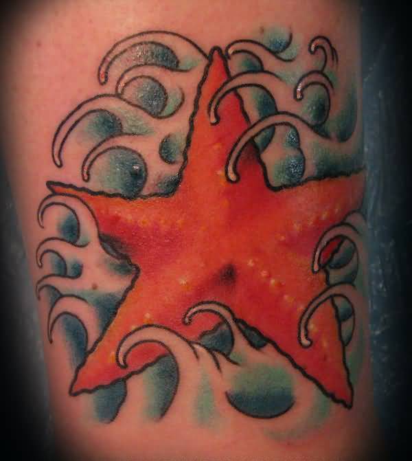 Simple Red Color Starfish Traditional Tattoo