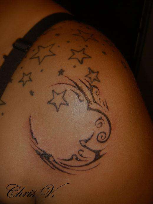 Simple Tribal Half Moon With Stars Tattoo On Left Shoulder