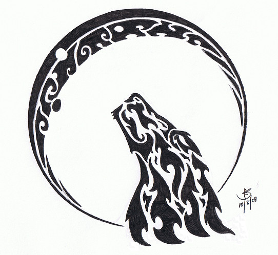 Simple Tribal Wolf And Moon Tattoo Design By Helletic Hybird