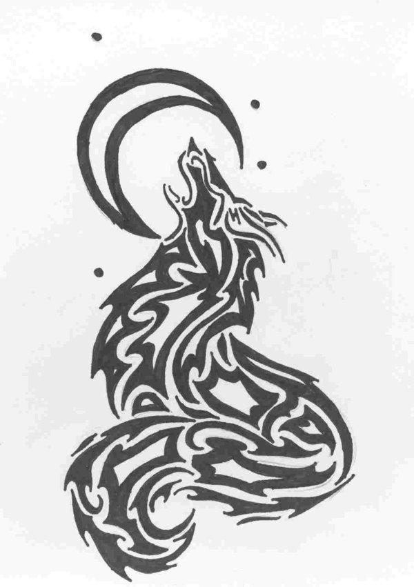 Simple Tribal Wolf Roaring And Half Moon Tattoo Design By Windspeaker Wolf