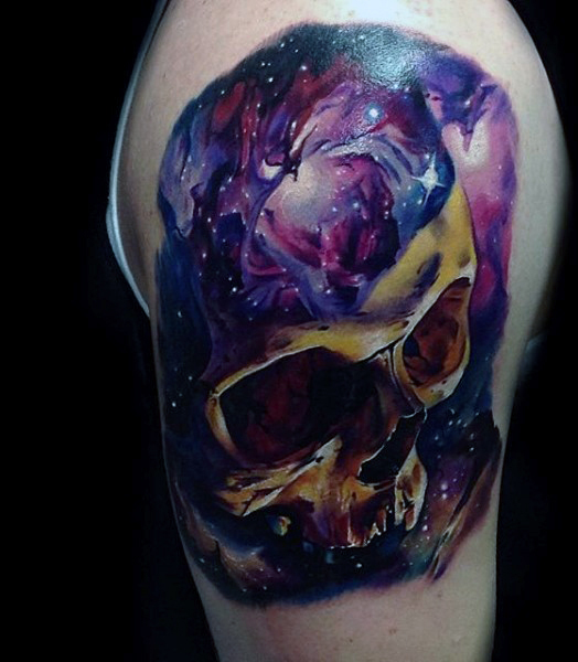 Skull In Universe Tattoo On Right Shoulder