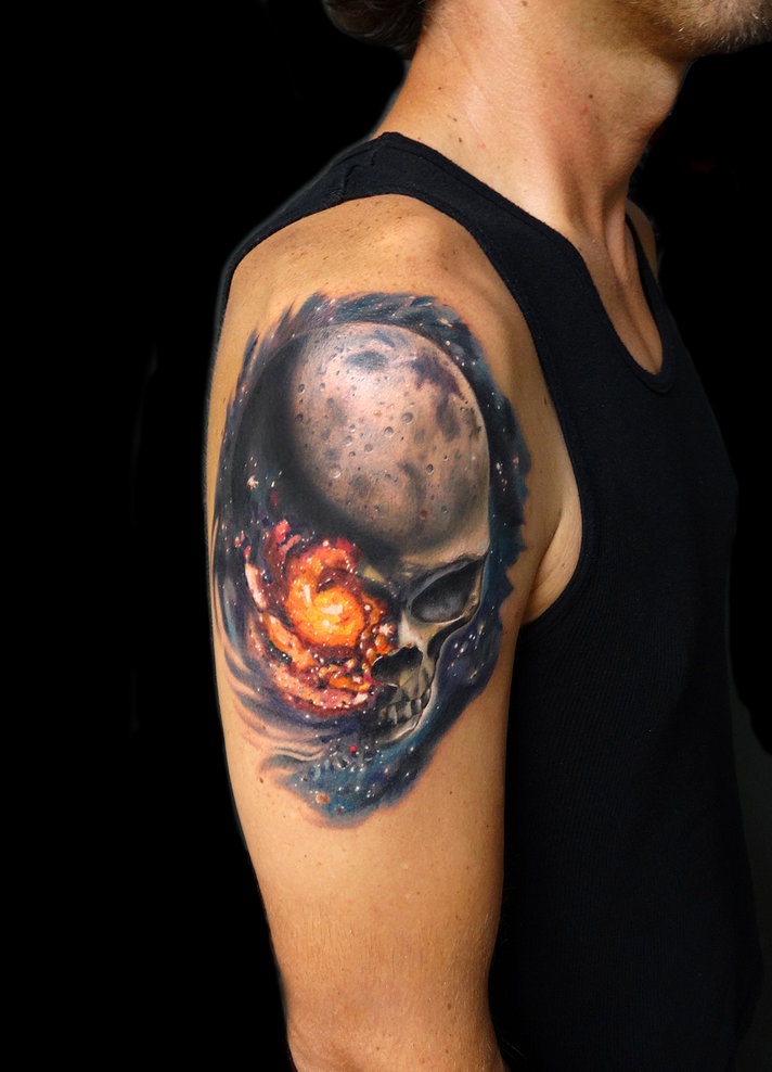 Skull Universe Tattoo On Right Shoulder