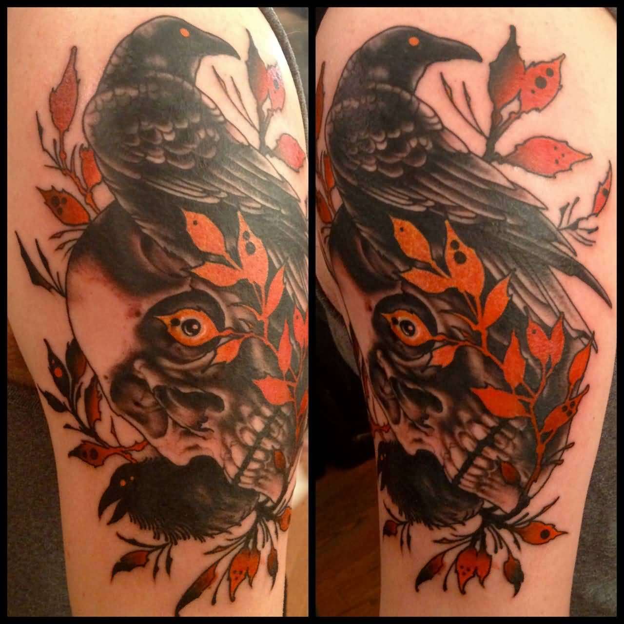 Skull With Raven And Autumn Leaves Fall Traditional Tattoo