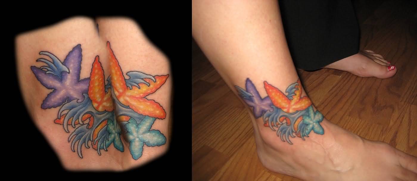 Small Colored Starfishes Tattoo On Ankle