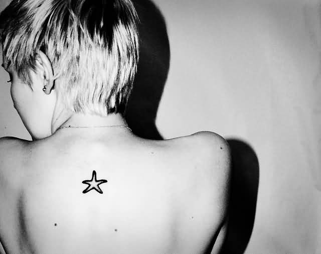 Small Starfish Outline Tattoo On Upper Back