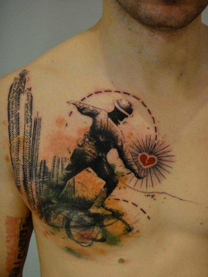 Soldier Throwing Heart Artistic Tattoo On Man Chest
