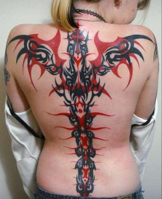 Spectacular Red Black Tribal Dragon Tattoo On Spine Chord For Women