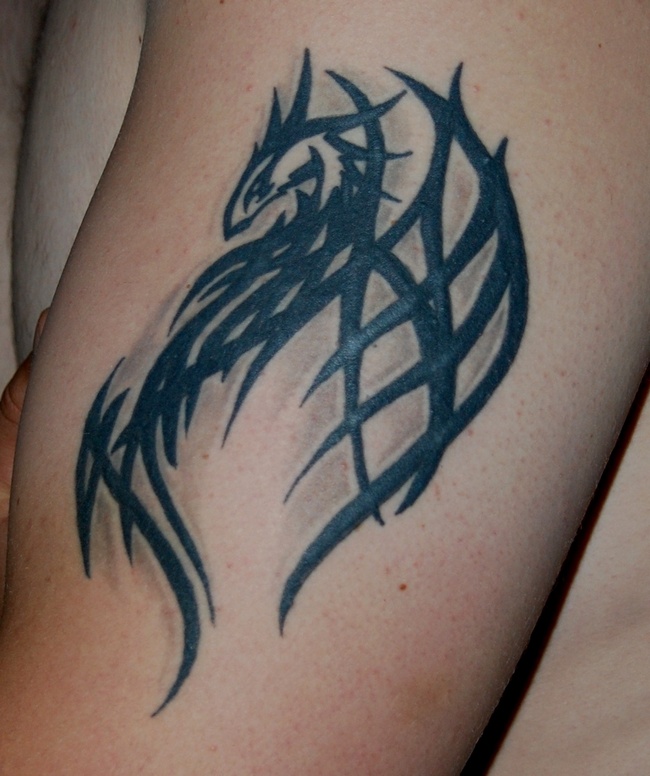 Spectacular Tribal Dragon Tattoo On Left Half Sleeve