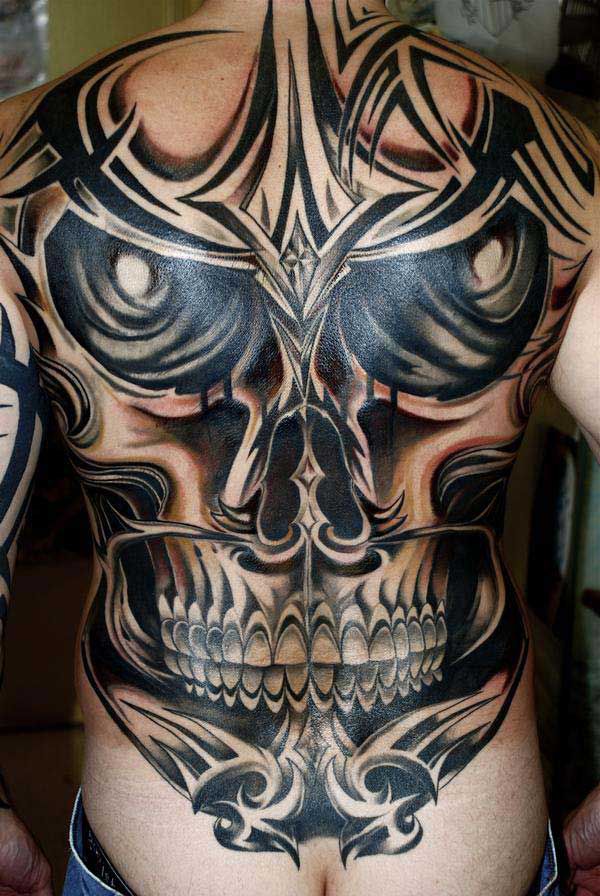 Spectacular Tribal Skull Tattoo On Full Back