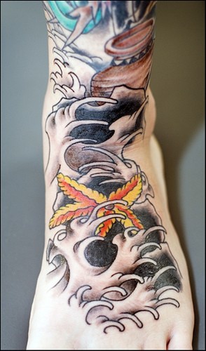 Starfish In Stormy Waves And Pitcher Foot Tattoo On Foot