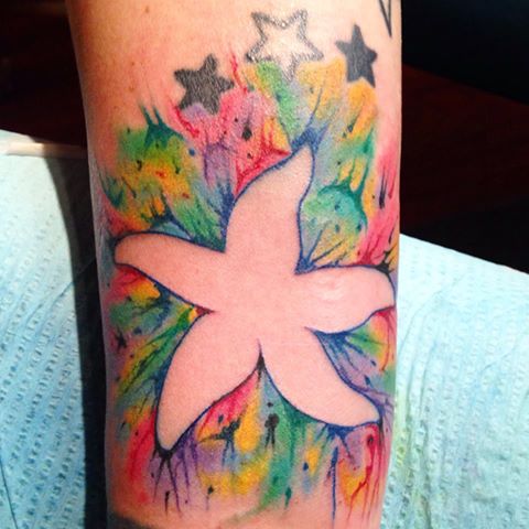 Starfish Outline With Colorful Background Watercolor Tattoo