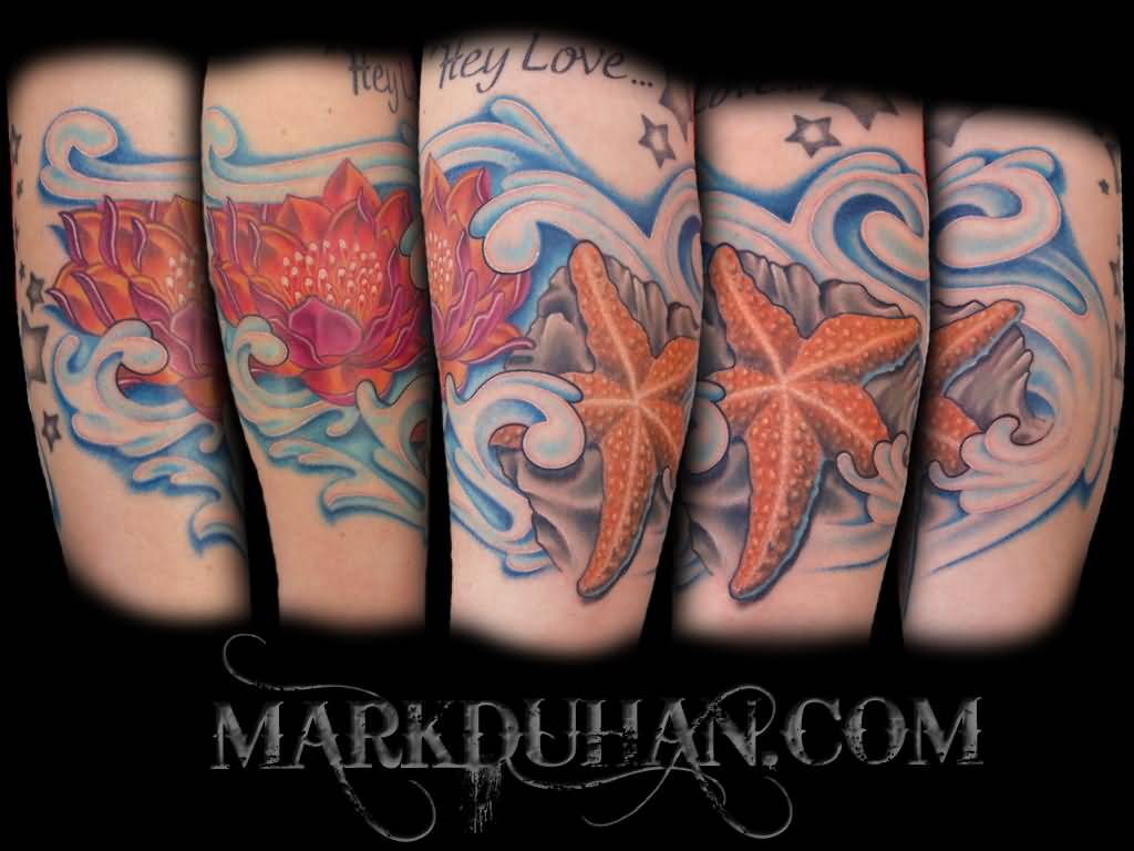 Starfish With Red Flower And Water Tattoo