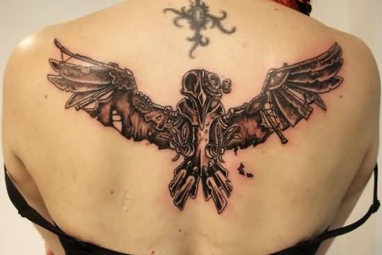 Steampunk Bird Tattoo On Girl Upper Back