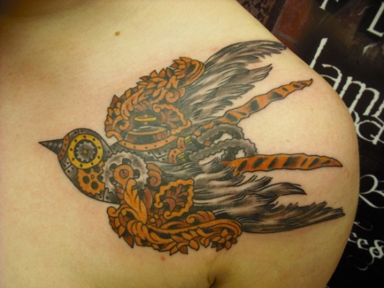Steampunk Bird Tattoo On Left Shoulder